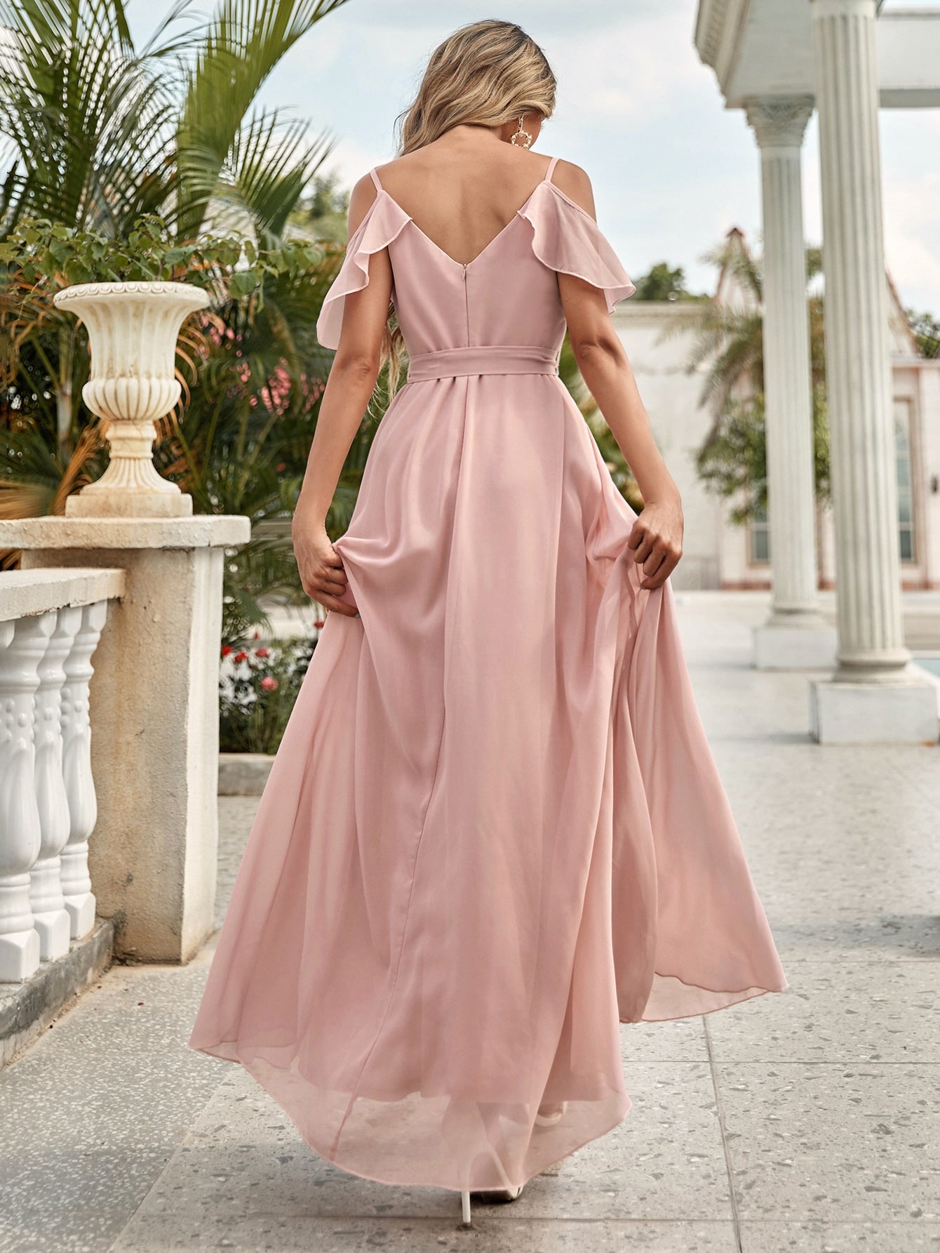 Cold Shoulder Ruffle Trim Belted Chiffon Dress