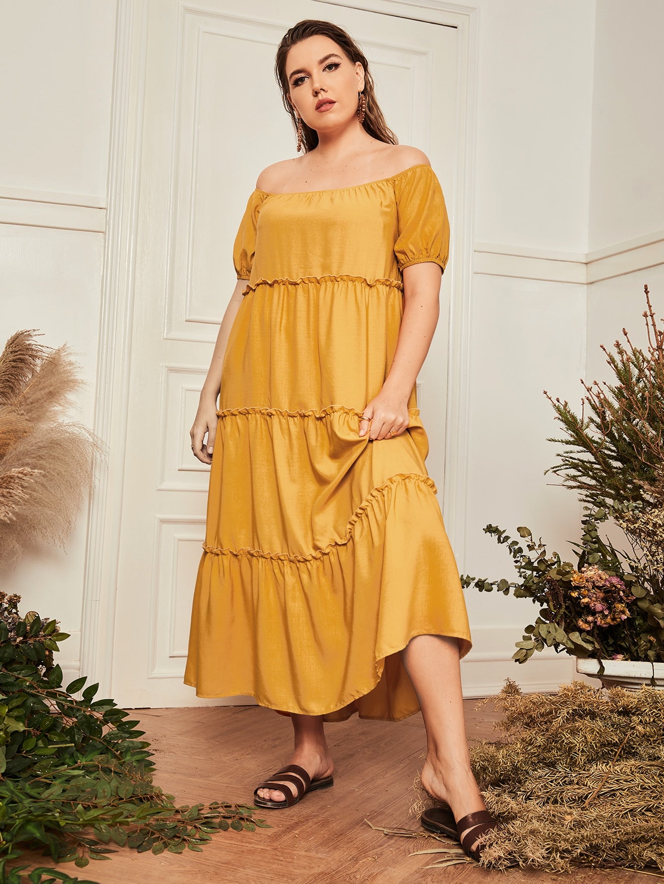 Plus Off Shoulder Puff Sleeve Layered Hem Dress