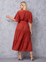 Plus Butterfly Sleeve Overlap Collar Ruffle Hem Belted