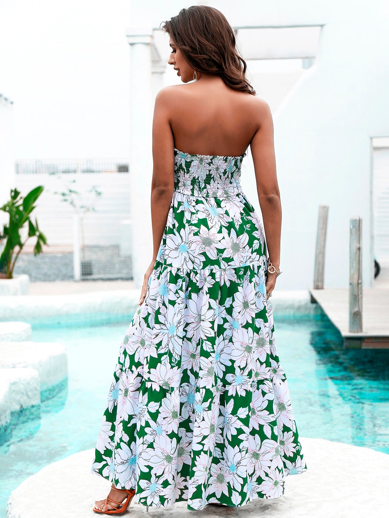 Floral Print Backless Knot Front Bandeau Dress