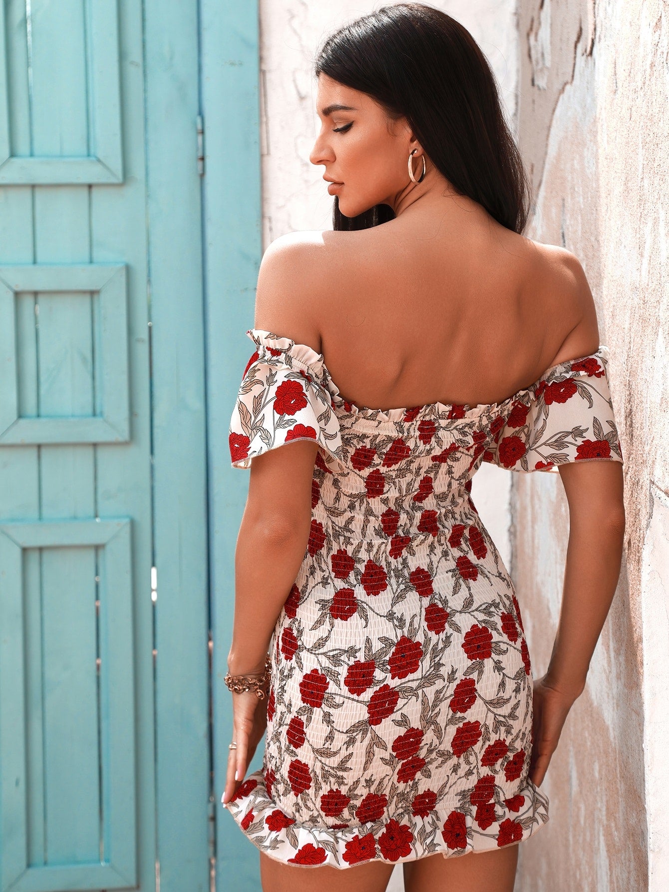 Floral Print Off Shoulder Shirred Frill Dress