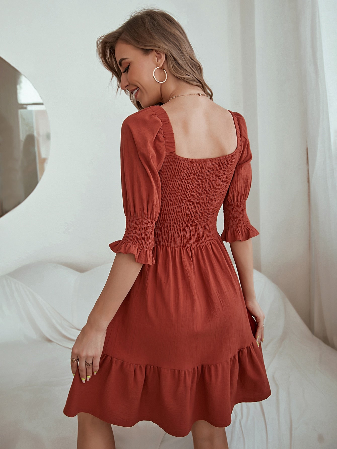 Two Way Bardot Shirred Ruffle Hem Dress