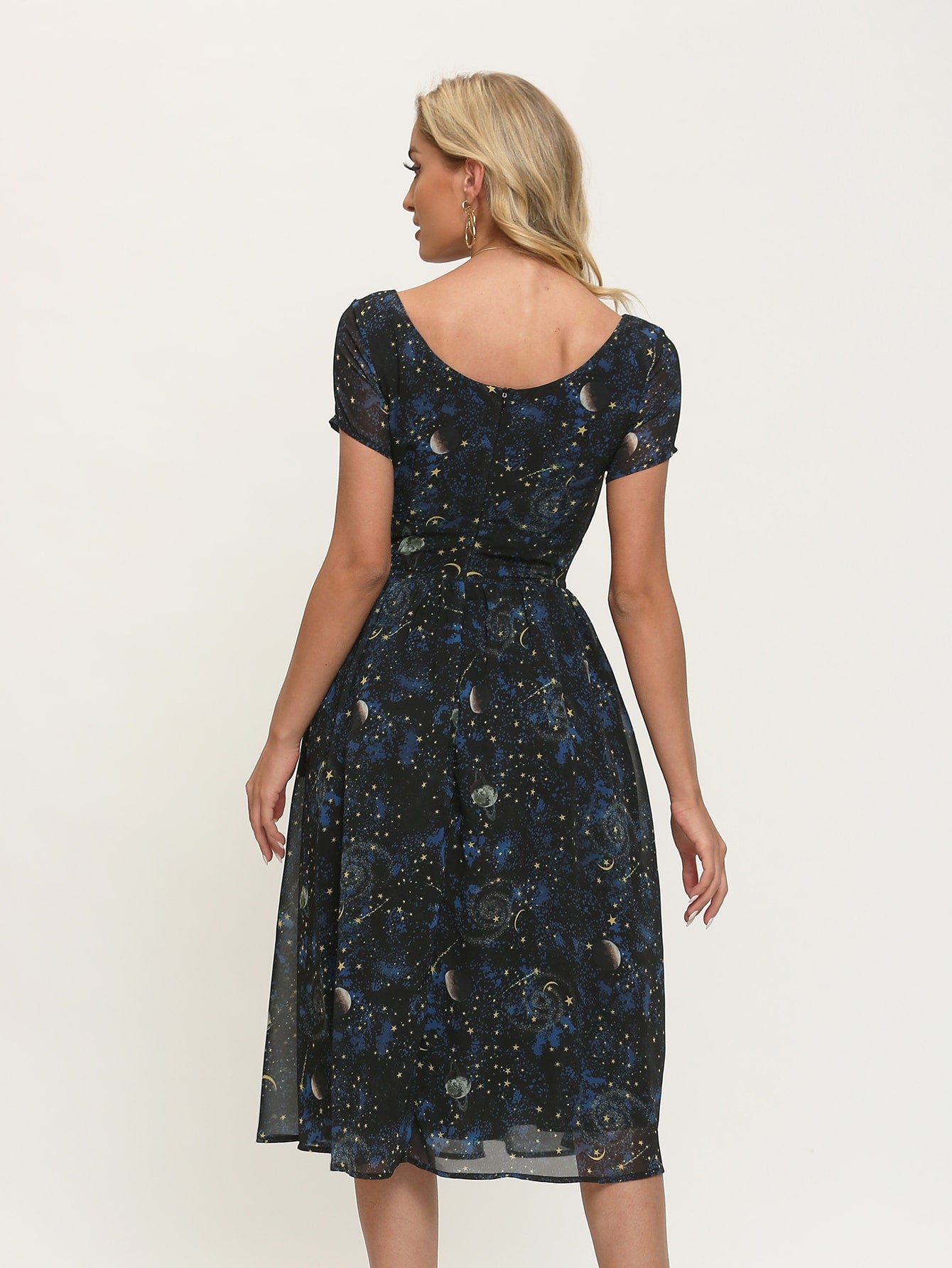 Simple Flavor Starry Sky Print Overlap Collar Dress