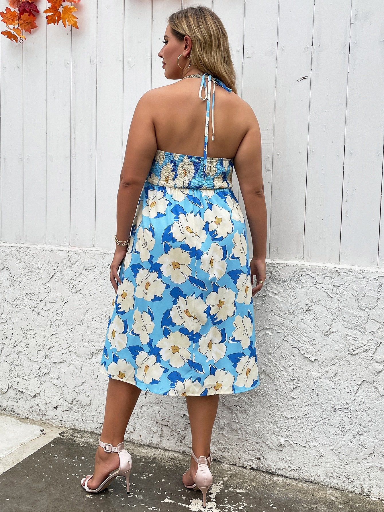 Plus Allover Floral Print Shirred Back Halter Dress