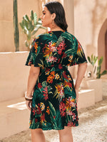 Plus Tropical Print Surplice Neck Belted Dress