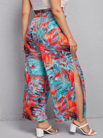 Plus Tropical Print Paper Bag Waist Split Wide Leg Pants