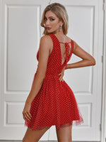 Double Crazy Polka Dot Plunging Neck Mesh Dress