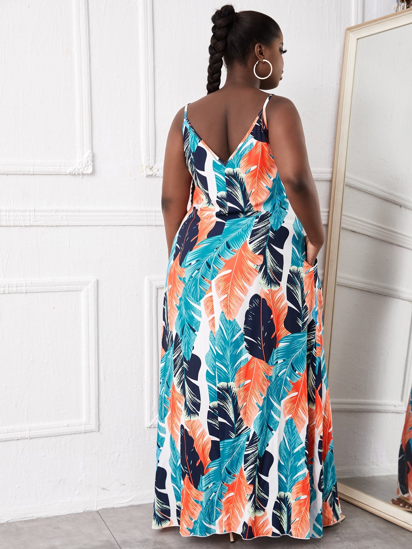 Plus Tropical Print Backless Maxi Cami Dress