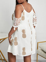 Plus Pineapple Print Contrast Guipure Lace Cold Shoulder Dress