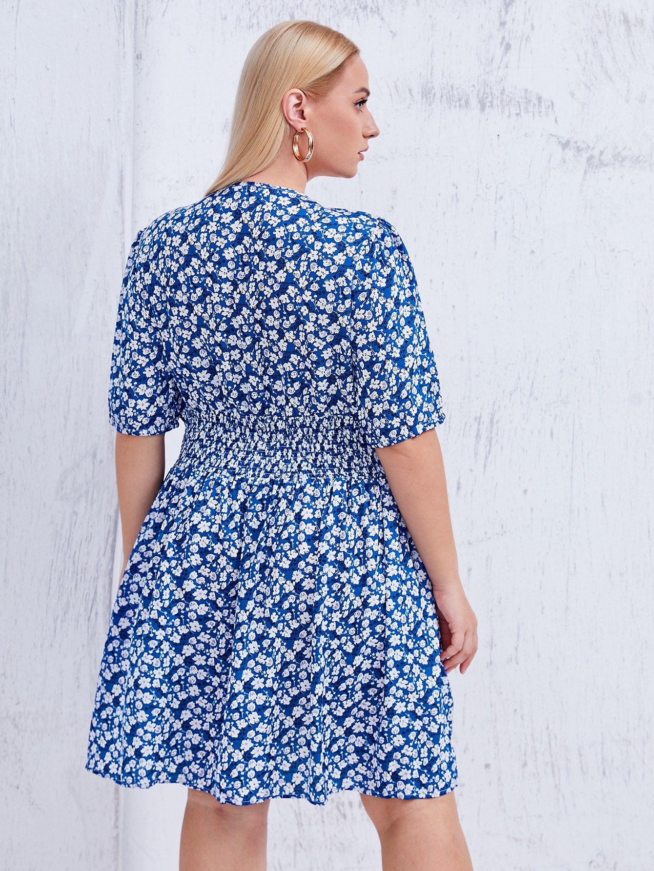 Plus Ditsy Floral Print Shirred Waist A-line Dress