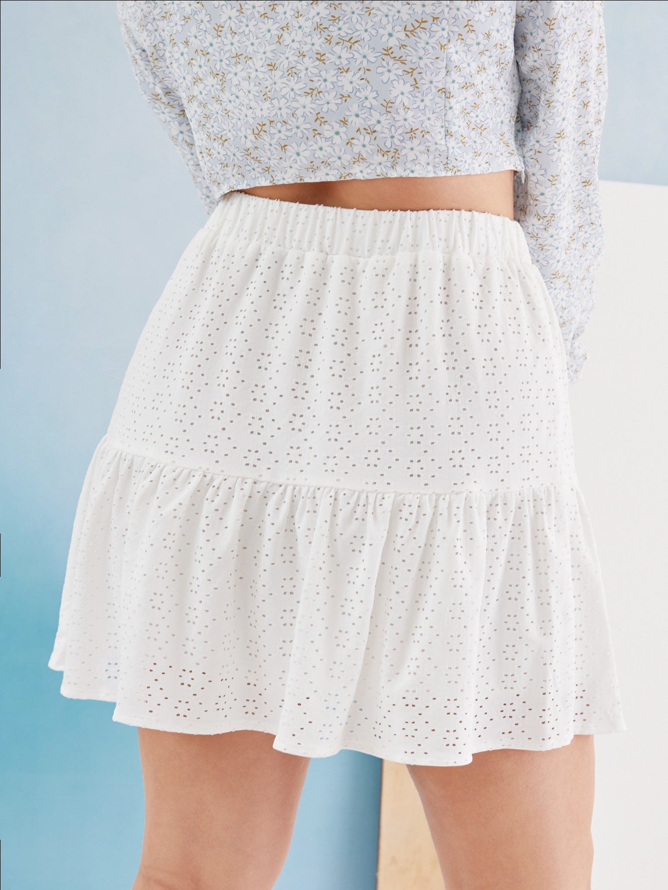 Plus Solid Eyelet Ruffle Hem Skirt