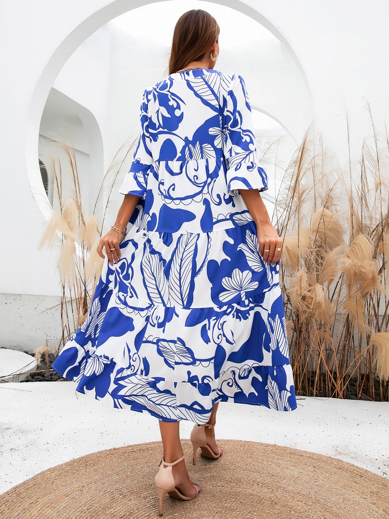 Plants Print Flounce Sleeve Smock Dress