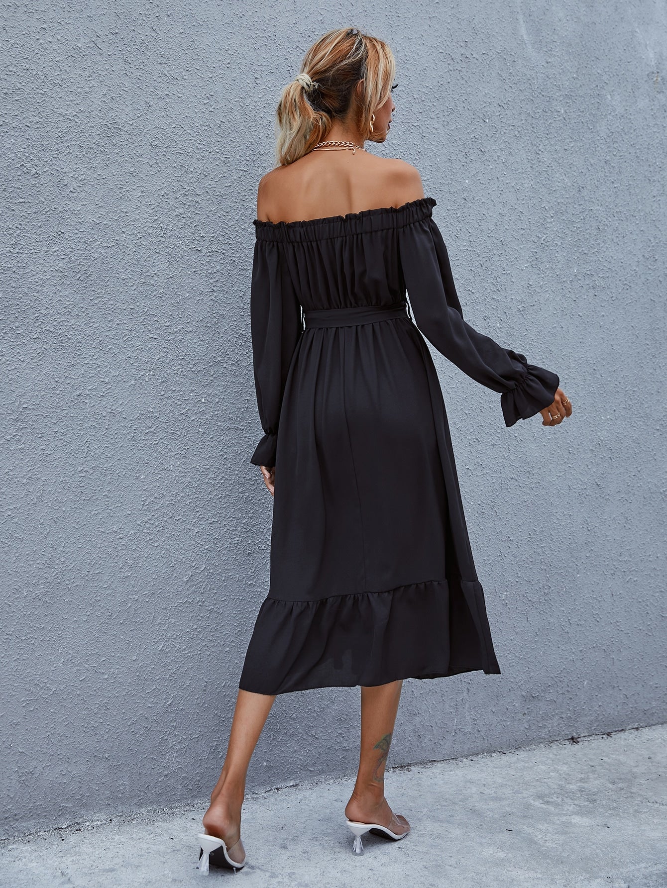 Off Shoulder Belted Ruffle Hem Dress