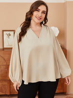 Plus Notched Neck Lantern Sleeve Blouse