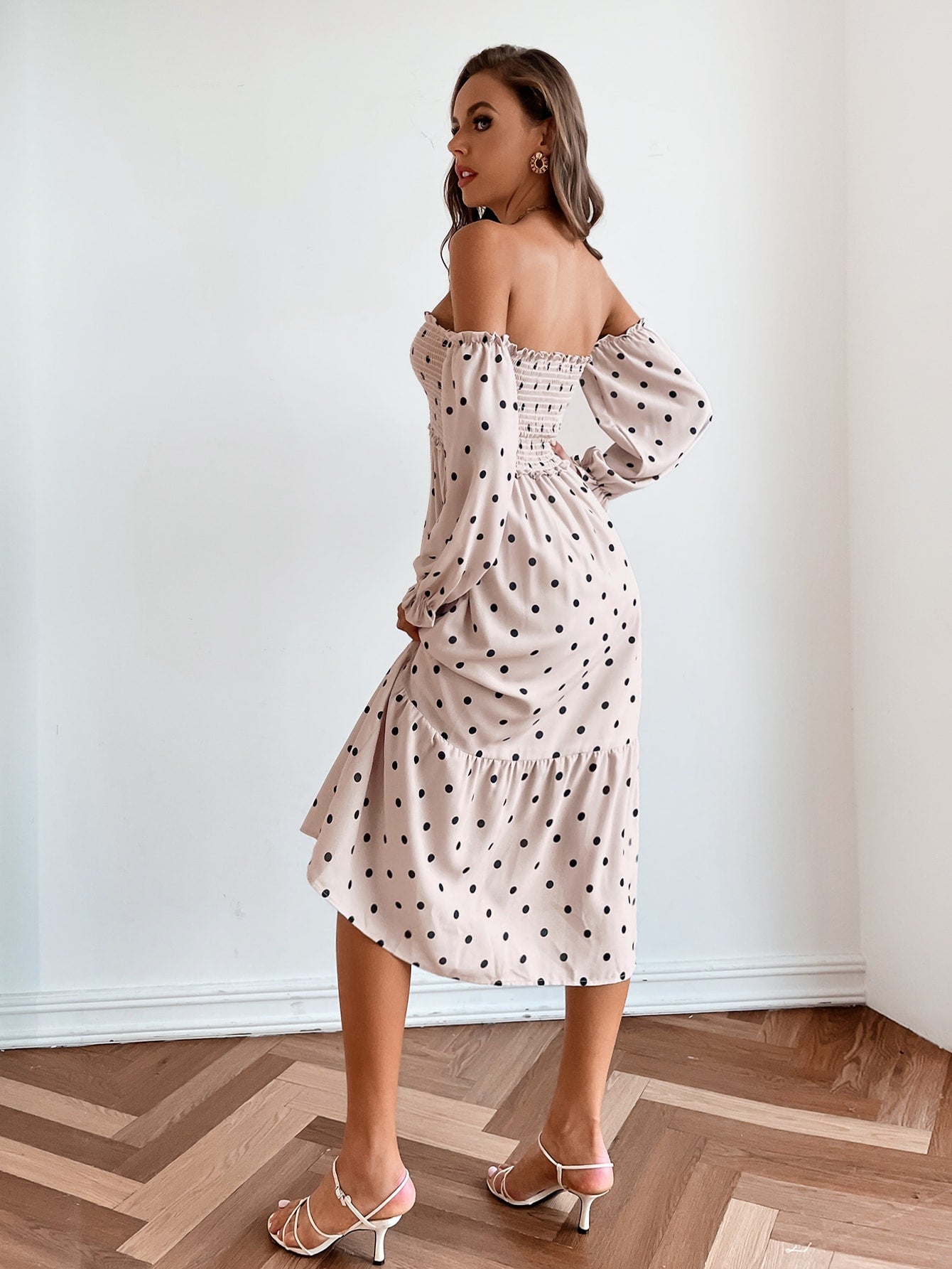 Off Shoulder Shirred Polka Dot Ruffle Hem Dress