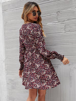 V Neck Ditsy Floral Print Shirred Cuff Ruched Waist Dress