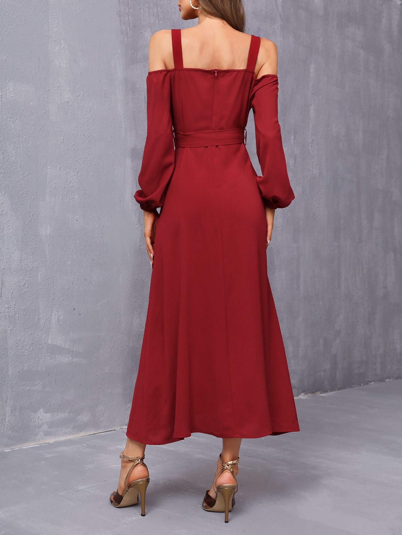 Solid Cold Shoulder Belted Dress