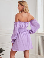 Swiss Dot Off Shoulder Shirred Flounce Sleeve Dress