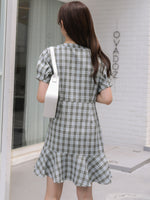 Plaid Button Up Ruffle Hem V Neck Dress