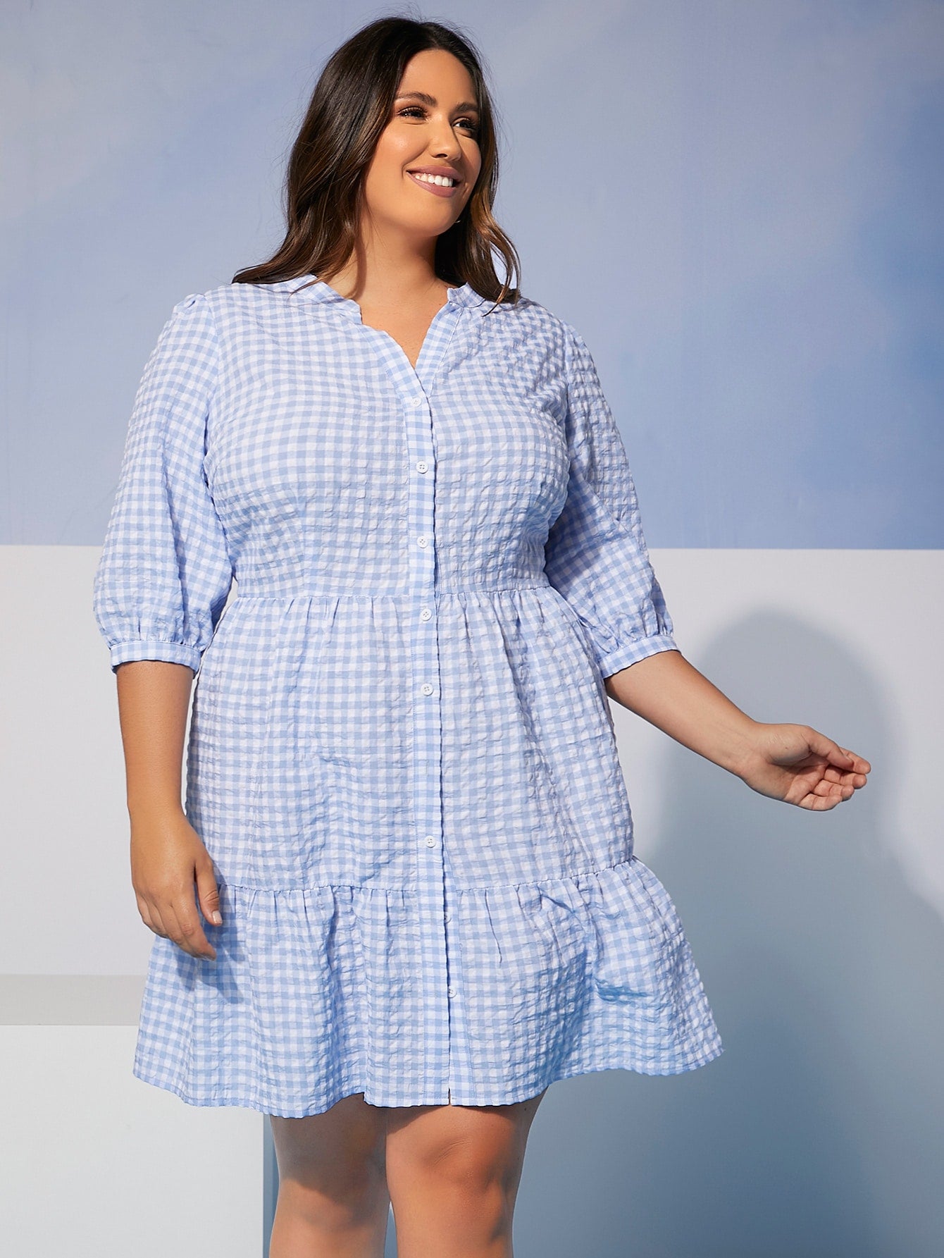 Plus Gingham Print Button Up Dress