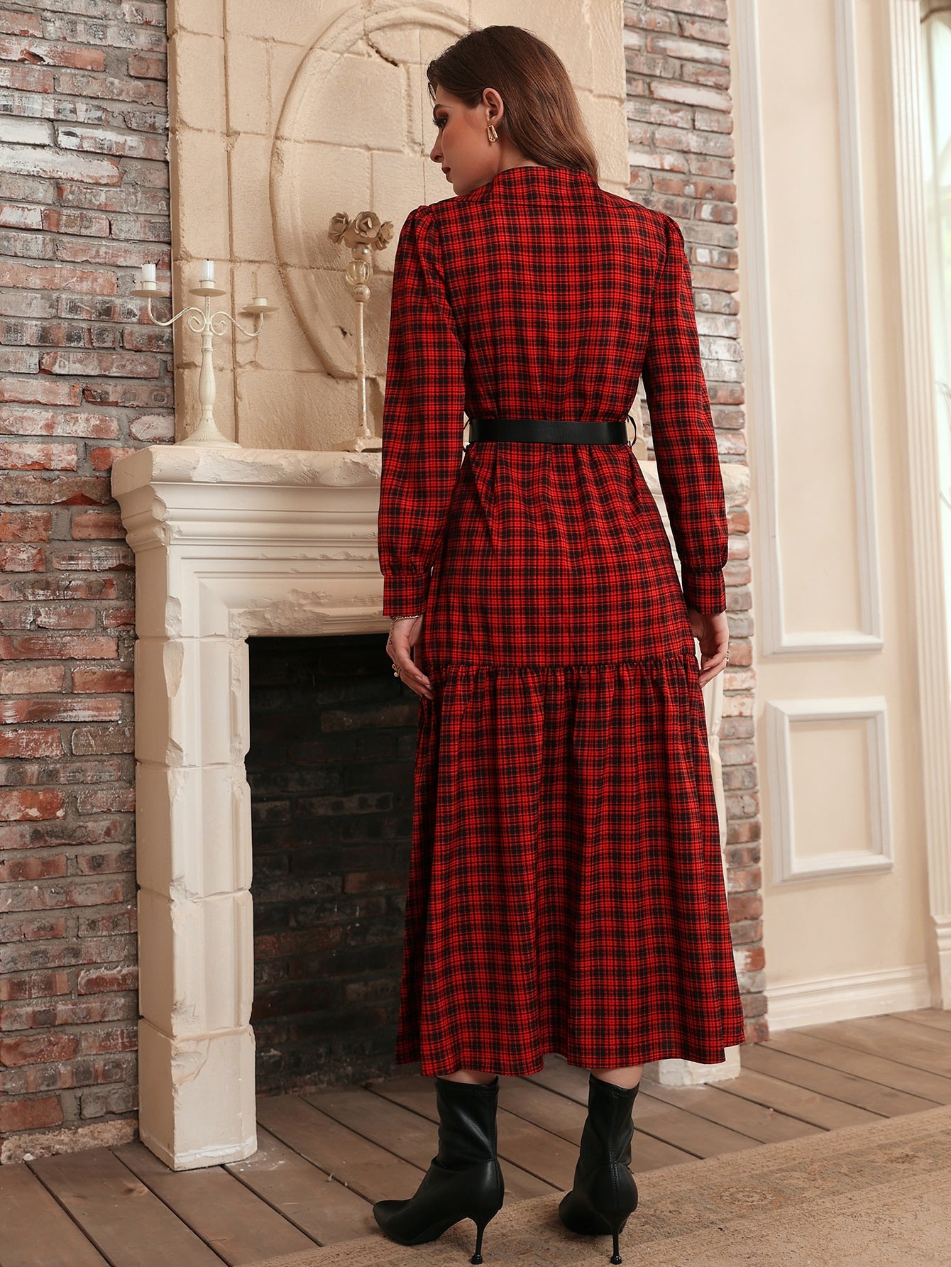 Tartan Puff Sleeve Doll Collar Dress