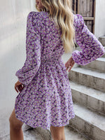 Ditsy Floral Tie Neck Lantern Sleeve Shirred Waist Dress