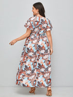 Plus Tropical Print Butterfly Sleeve Belted Dress