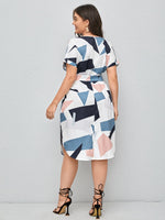 Plus Geo Print Colorblock Notched Belted Dress