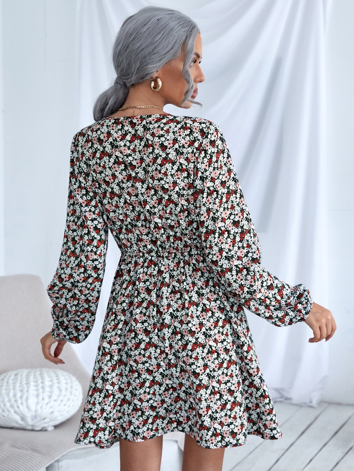 Ditsy Floral Overlap Collar Bishop Sleeve A-line Dress