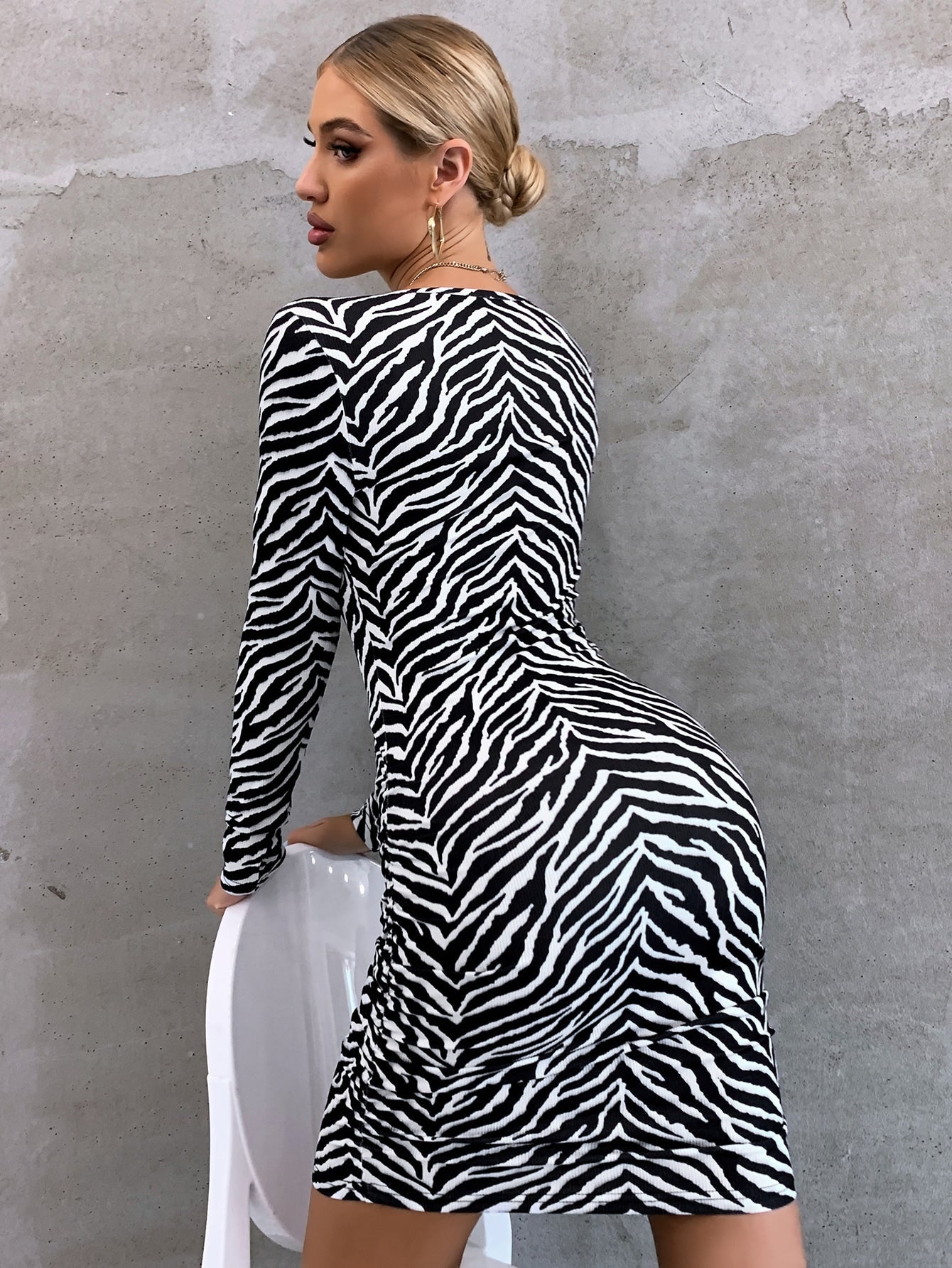 Zebra Striped Ruched Bodycon Dress