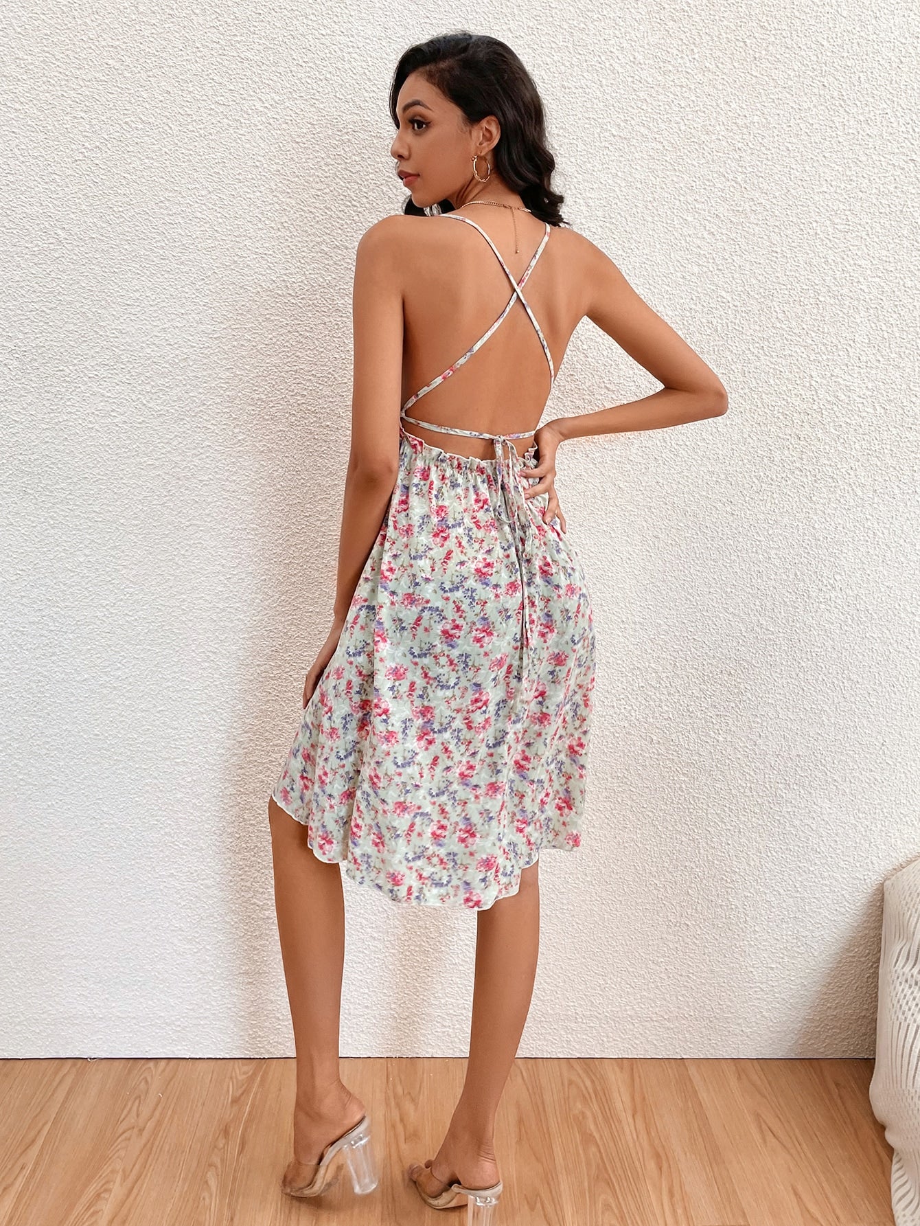 Floral Lace Up Backless Cami Dress