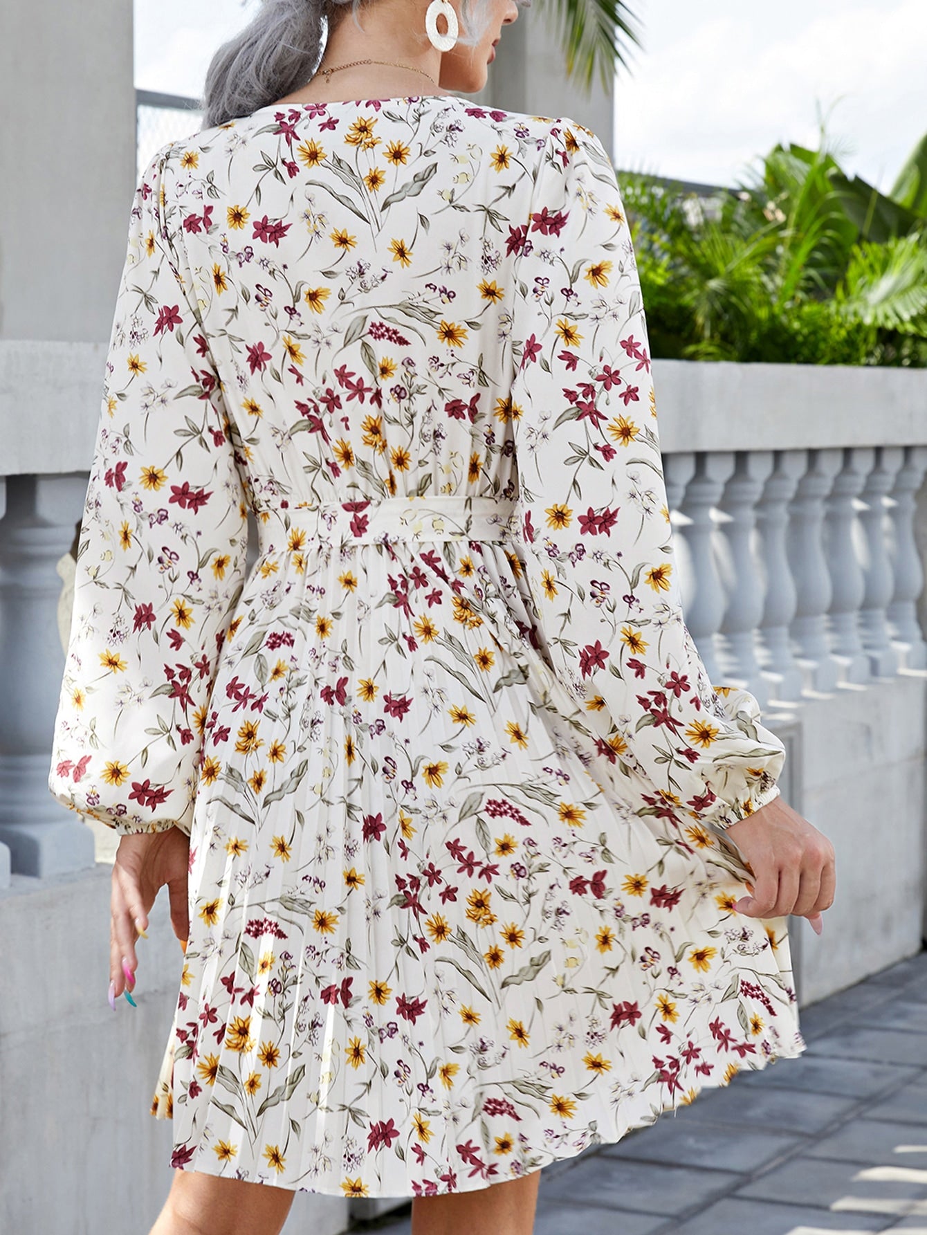 Floral Print Belted Pleated Hem A-line Dress