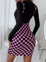 Checker Print Double V Overall Dress