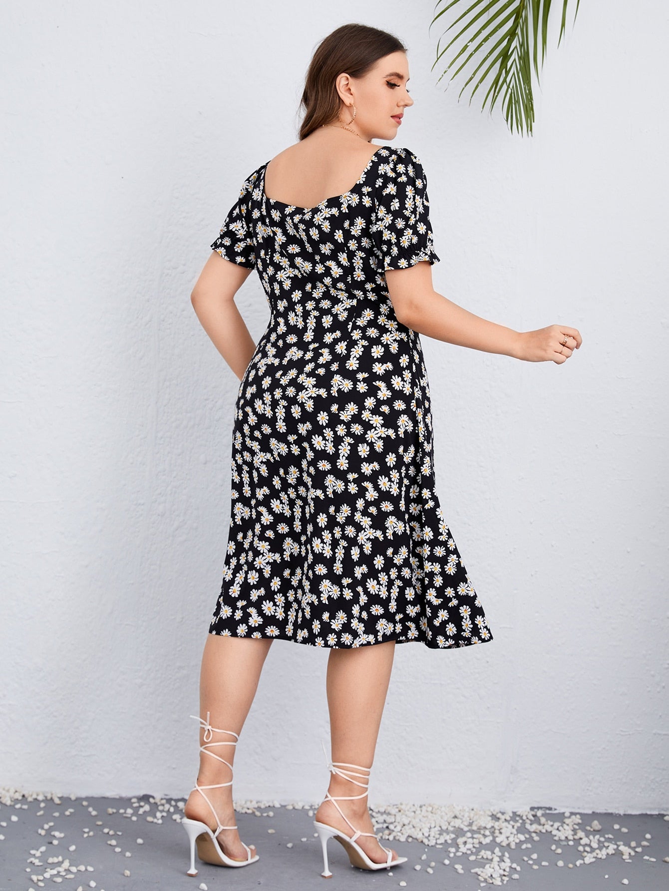 Plus Allover Floral Print Tie Neck Split Thigh Dress