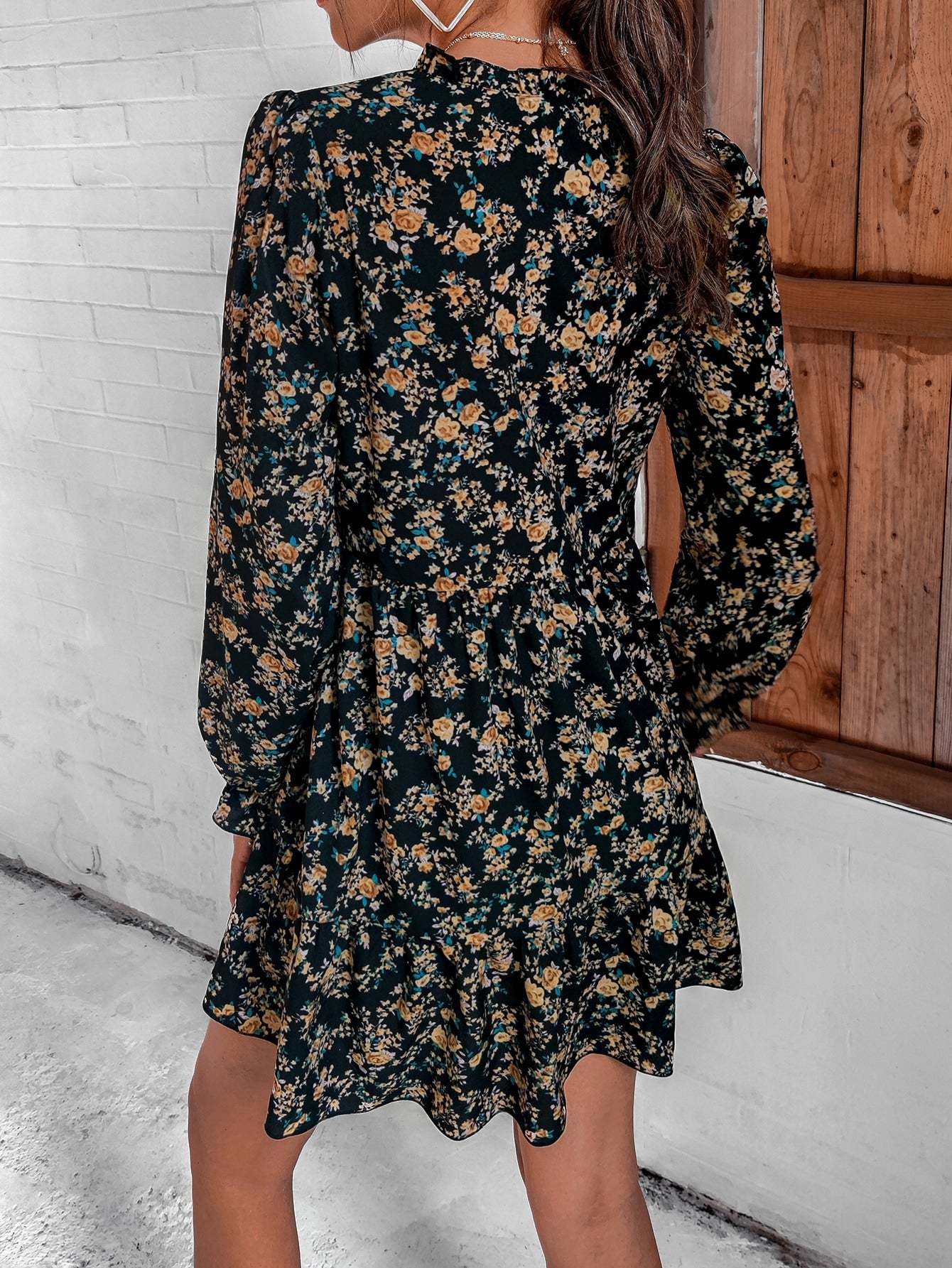 Floral Print Flounce Sleeve Tie Neck Ruffle Hem Dress