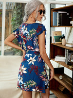 Floral Print Butterfly Sleeve Belted Dress