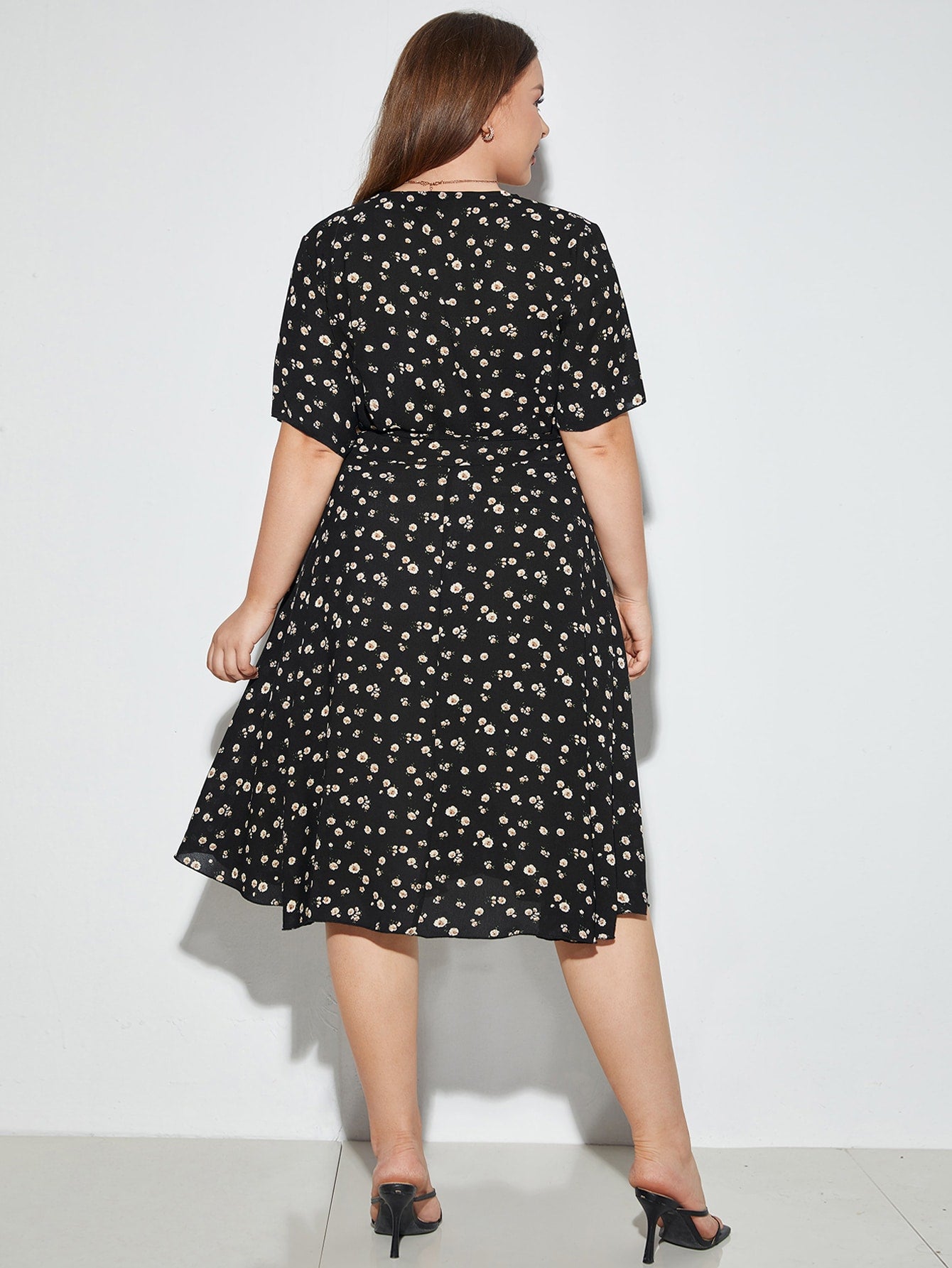 Plus Ditsy Floral Wrap Tie Side Dress