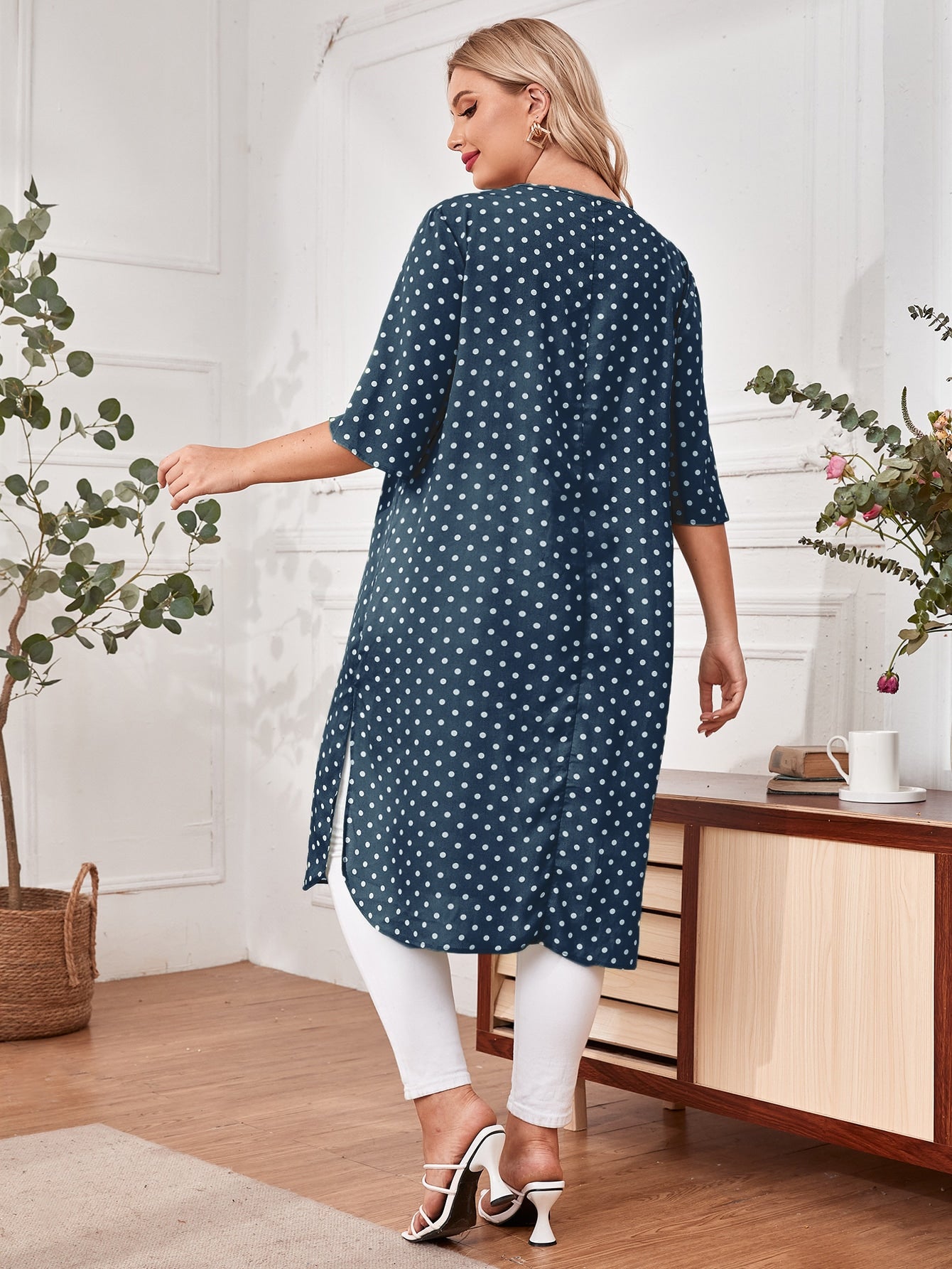 Plus Polka Dot Contrast Lace Detail Split Hem Top