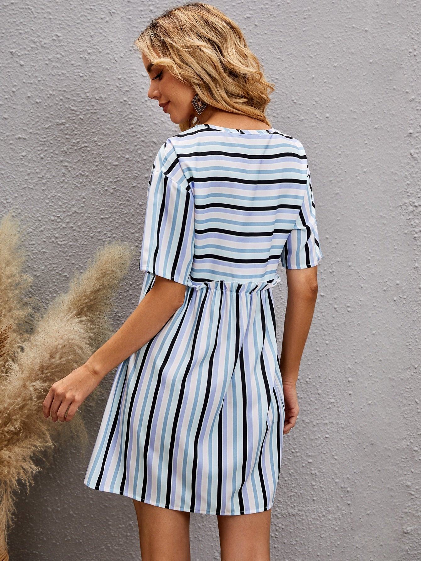 Striped Print Drop Shoulder Ruffle Trim Dress