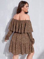 Plus Allover Print Off Shoulder Flounce Sleeve Ruffle Overlay Belted Dress