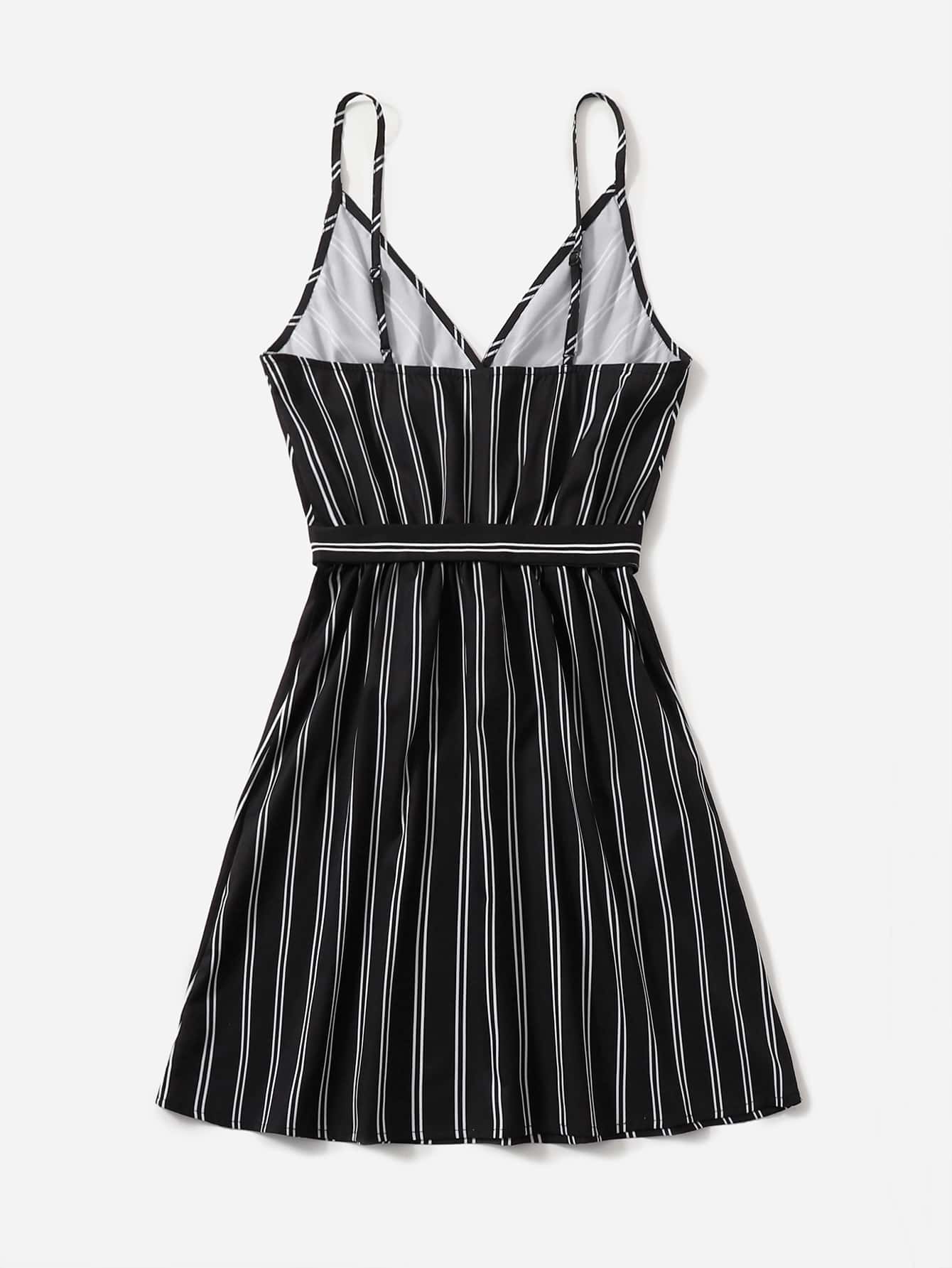 Surplice Neck Striped Belted Slip Dress