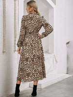 Leopard Print Tie Neck Bishop Sleeve Dress