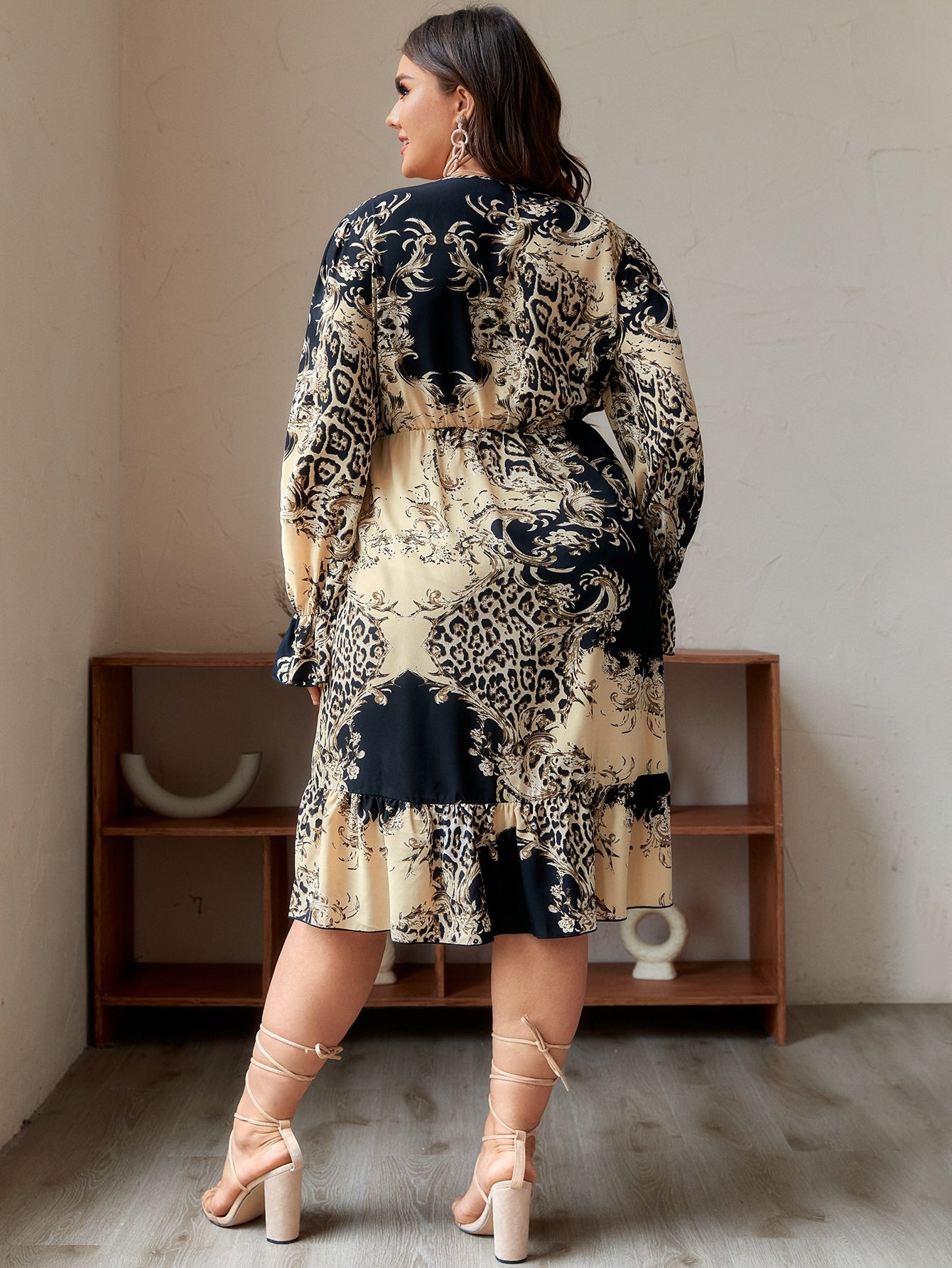 Plus Surplice Neck Leopard & Scroll Print Flounce Sleeve Dress