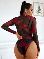 Chinese Dragon Print Keyhole Neck Mesh Bodysuit Without Bra