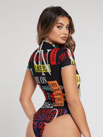 Mock Neck Letter Graphic Bodysuit