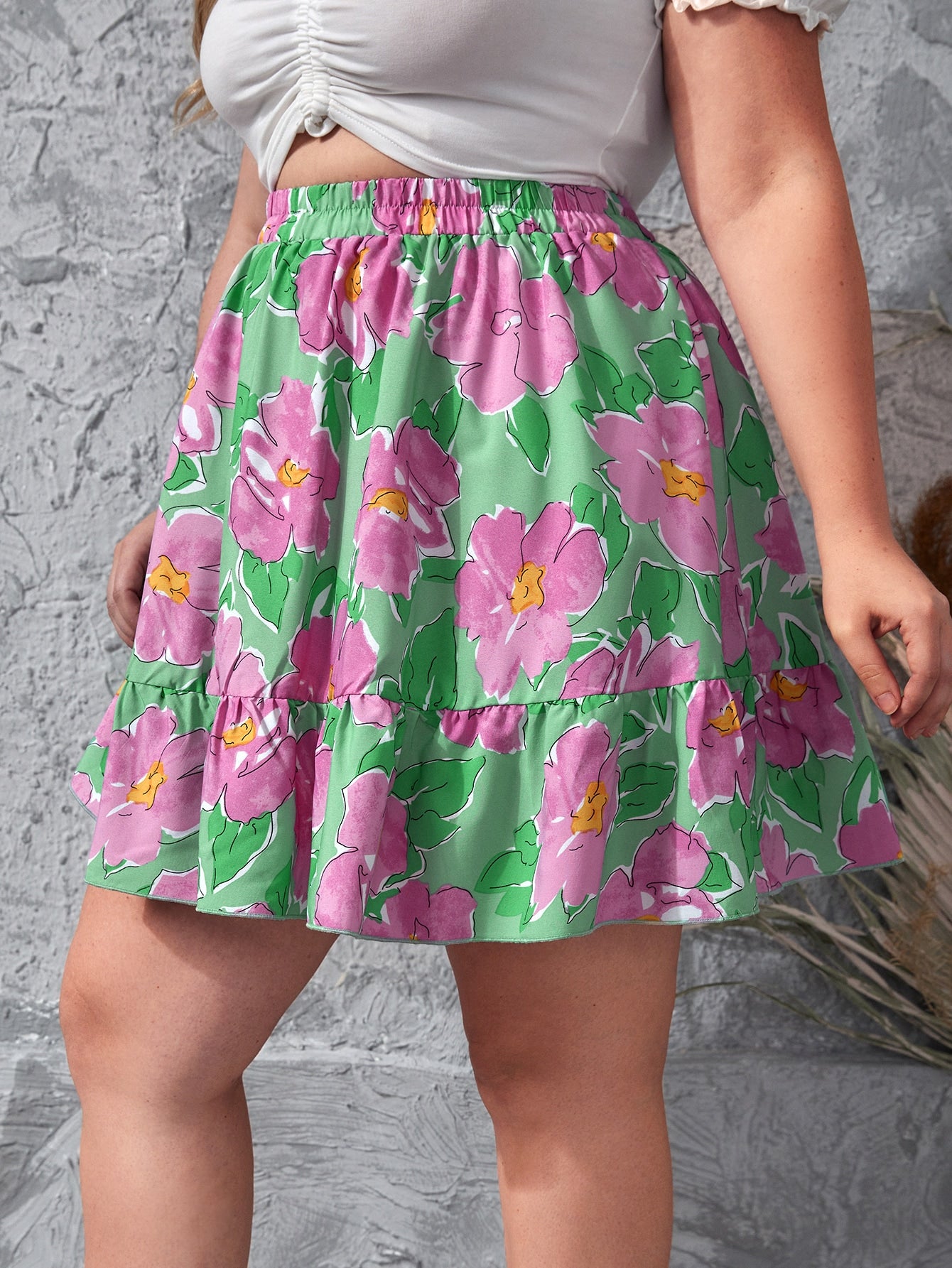 Plus Floral Print Ruffle Hem Flared Skirt