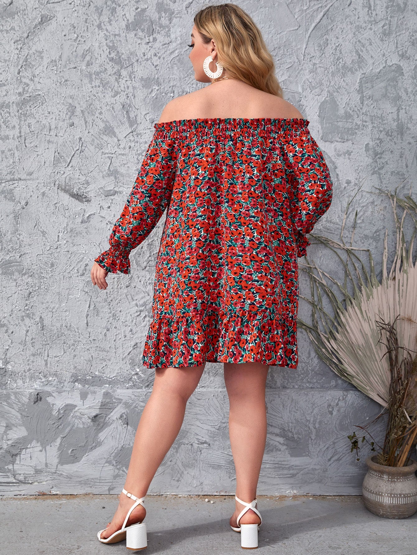 Plus Floral Print Off Shoulder Ruffle Hem Dress