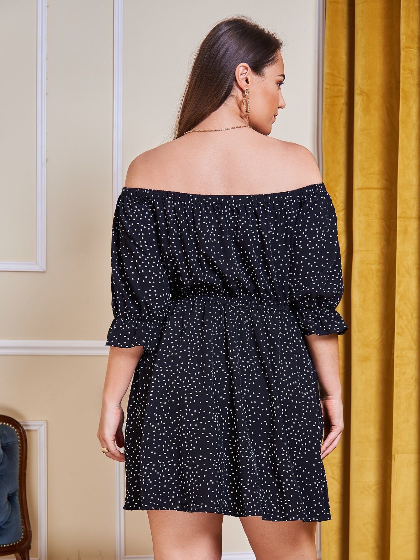 Plus Polka Dot Off Shoulder Flounce Sleeve Dress