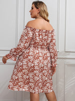 Plus Allover Floral Print Off Shoulder Frill Trim Flounce Sleeve Dress