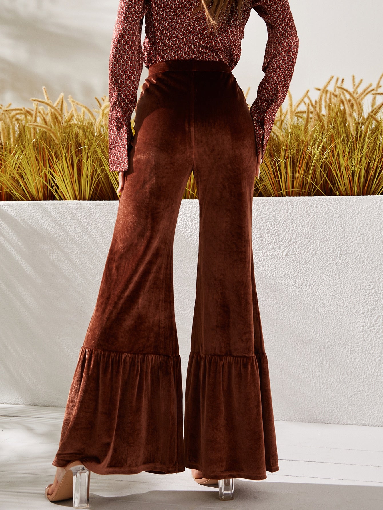 High Waist Velvet Flare Leg Pants